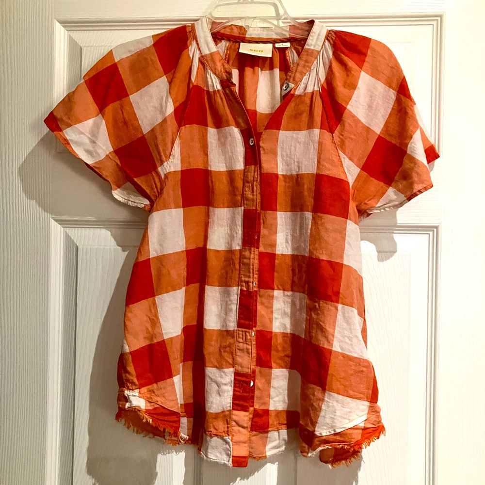 Maeve lightweight cotton button down blouse, in orange and white, size small.